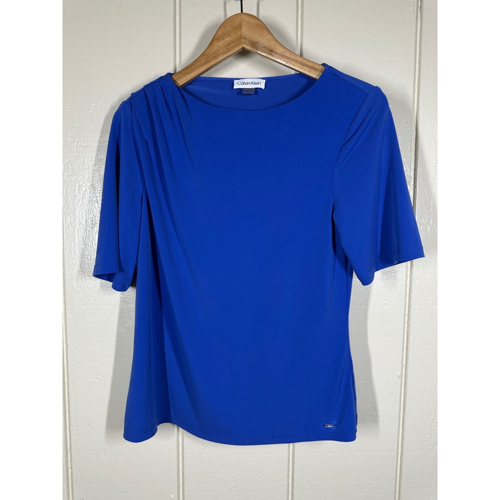 Calvin Klein Top Womens Small Blue Pleated Shoulder Short Sleeve Blouse Solid